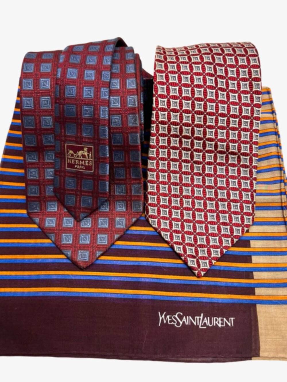2 Neck ties Hermès Paris Silk France Made & Gentle Men +  1YSL Handkerchie (49) - Picture 8 of 16